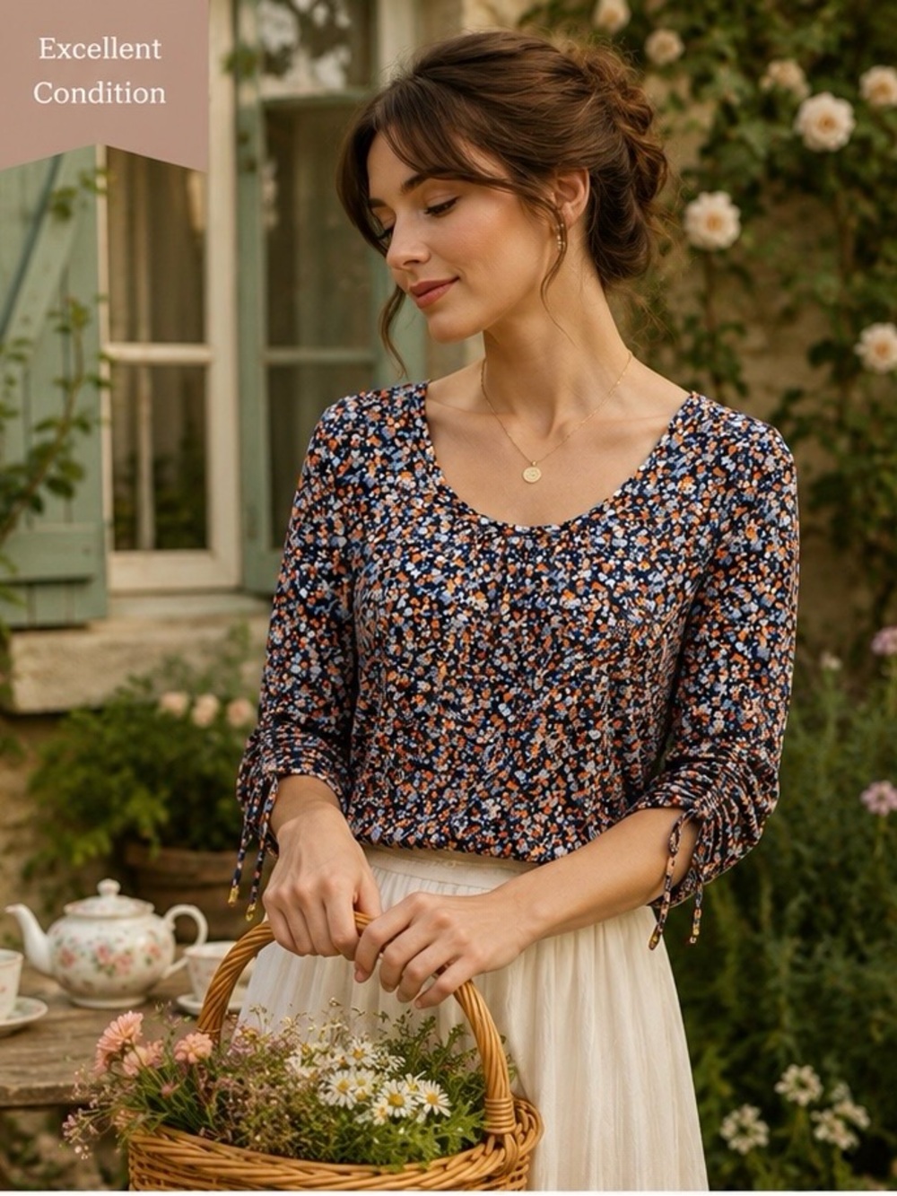 Michael Michael Kors Navy Floral Ruched Sleeve Top Large Boho Peasant Blouse